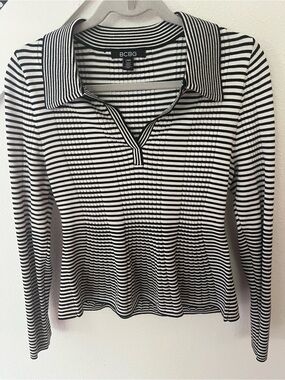 BCBG Black and White Striped Long-Sleeve Polo Top